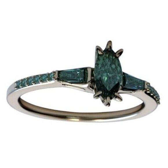 Marquise Cut Emerald Engagement Wedding Stacked Ring Set in Stainless steel - Picture 7 of 8